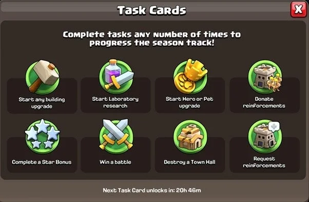 ゲームのタスクカード画面で、シーズンパス進行のための様々なゲーム内タスクが一覧表示されています。