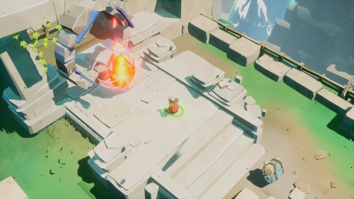 古代の遺跡を舞台にしたアイソメトリック視点のゲーム画面。キャラクターが中央に立ち、謎の文字が光るオレンジ色のクリスタルが石造りのアーチの近くにあります。