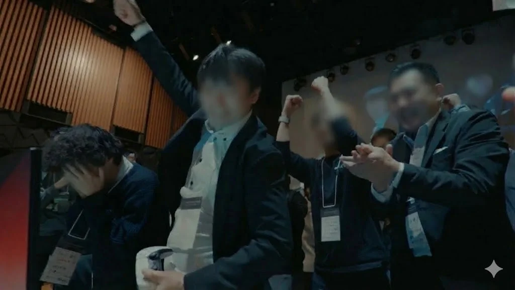 屋内のイベント会場で感情を露わにする人々