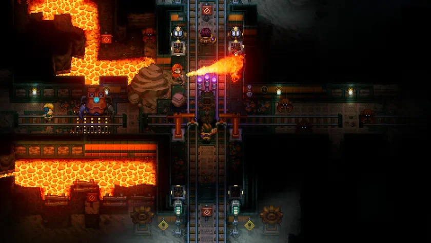 ピクセルアートの地下ステージ、溶岩、機械