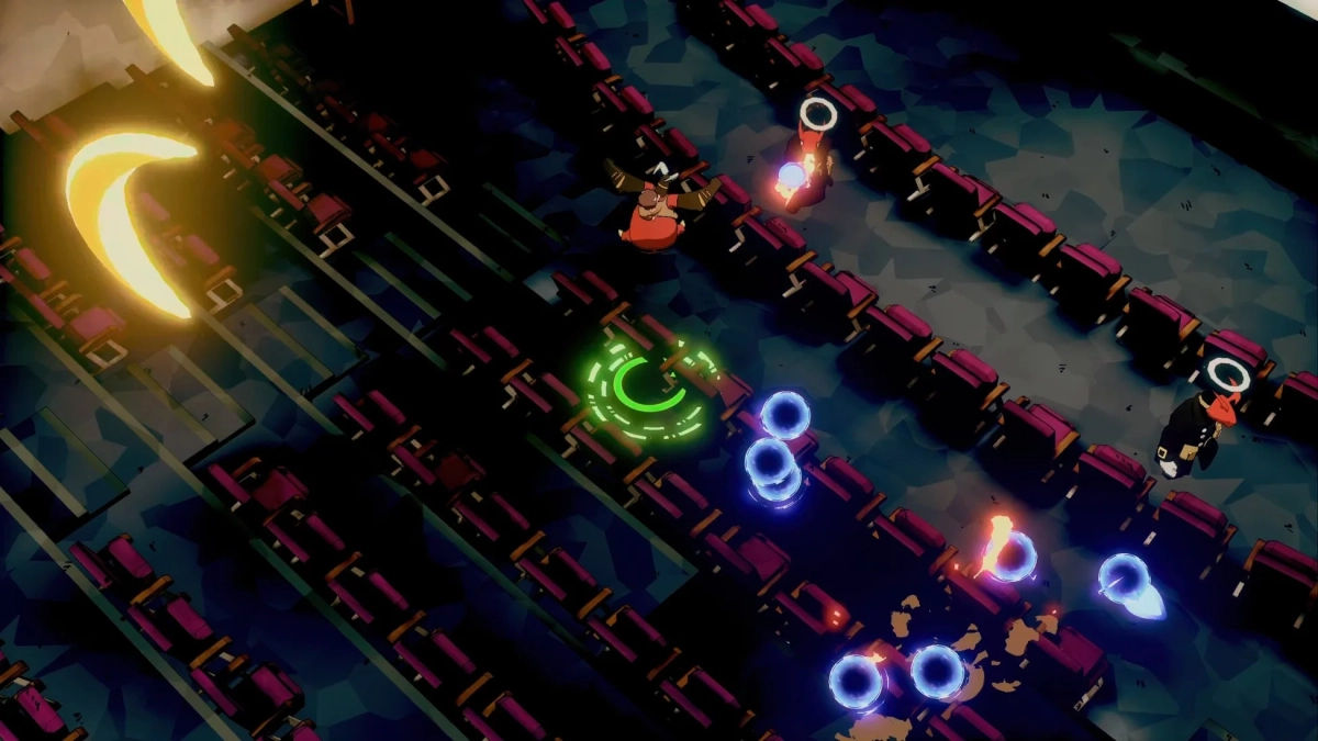 暗い空間で、緑色の光を放つキャラクターが敵と戦闘しているアクションゲームのスクリーンショット