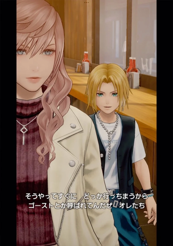 ピンクの髪の女性と金髪の男性が映るゲームの会話シーン