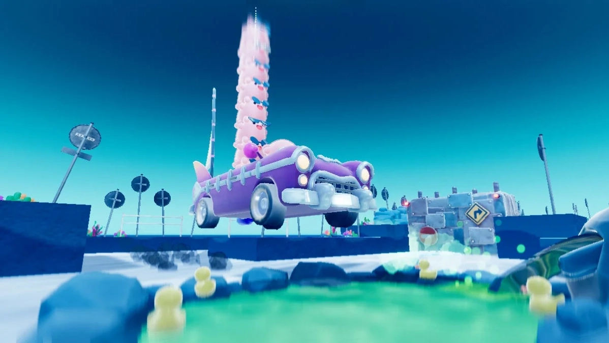 ピンクのキャラクターが乗った紫色のクラシックカーが浮遊