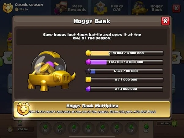 モバイル戦略ゲームの「Hoggy Bank」機能の画面です。シーズン終了時にバトルで獲得したボーナス報酬(ゴールド、エリクサーなど)を開封でき、ゴールドパスで5倍の報酬を得られる特典が表示されています。