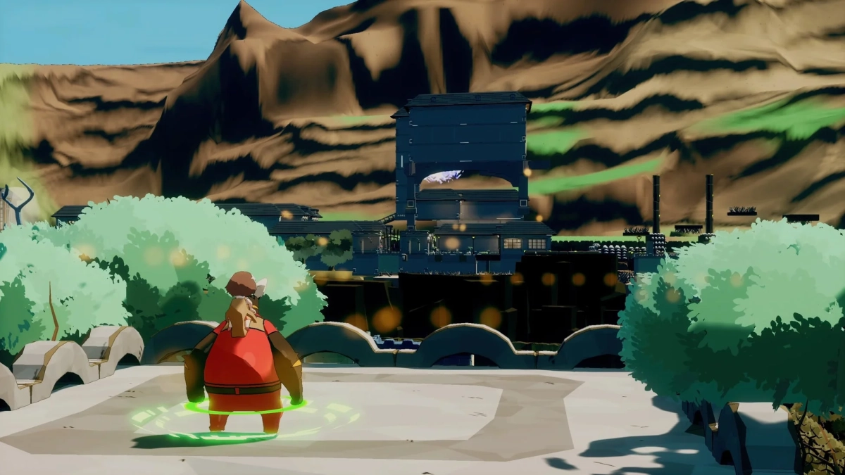 赤い服のキャラクターが足元に緑の光をまとい、背中に小さなキャラを乗せて立つゲームの風景