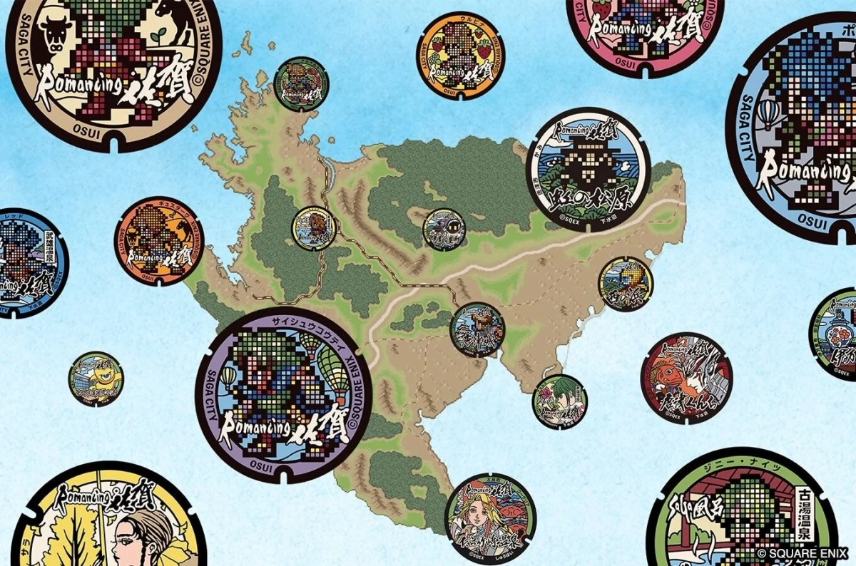 地図上に配置されたロマ佐賀マンホールのデザイン