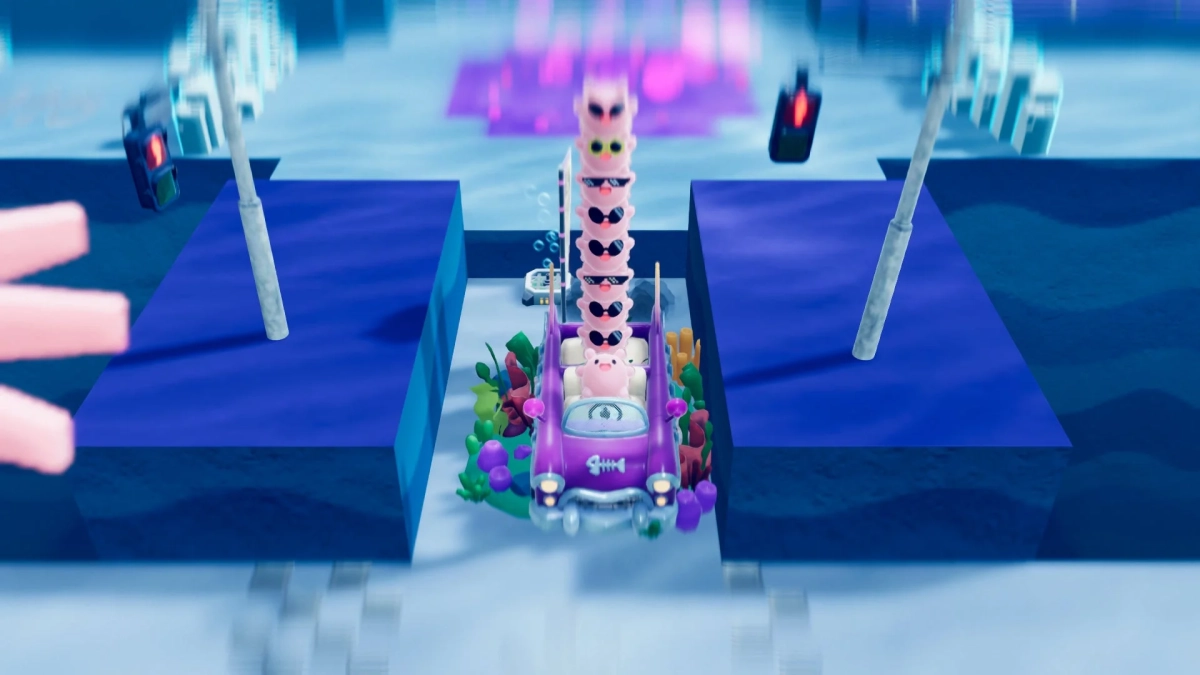 ピンクのキャラクターが運転する紫色のカート