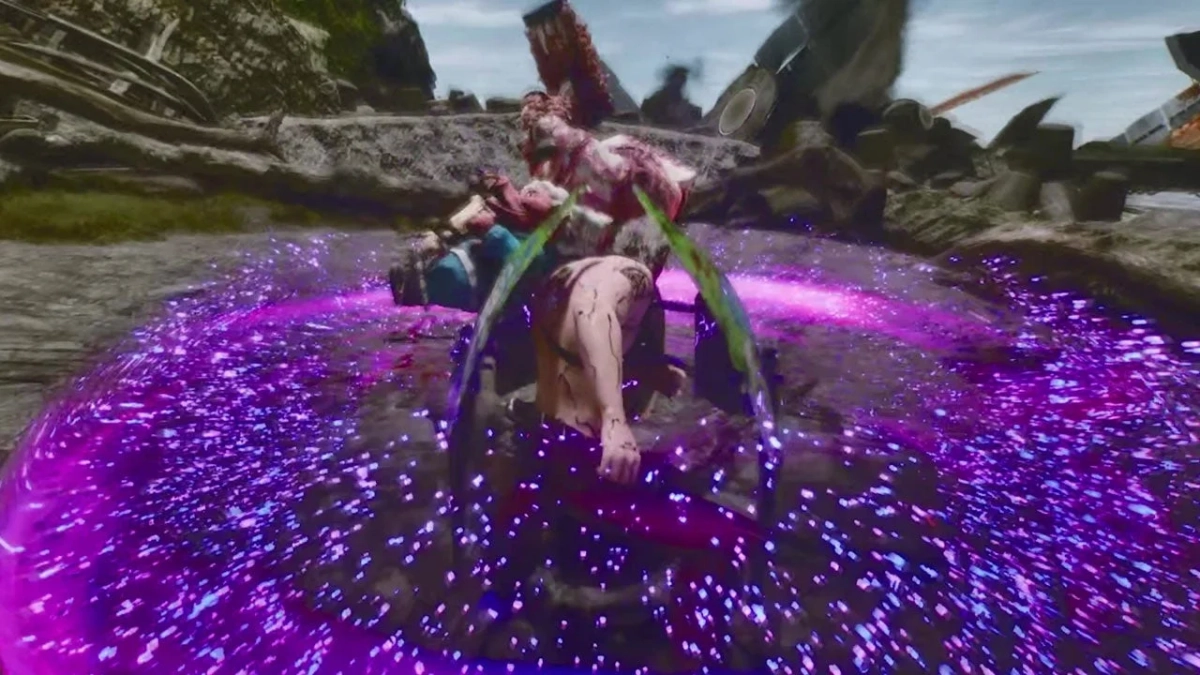 紫色の魔法エフェクトとクリーチャー