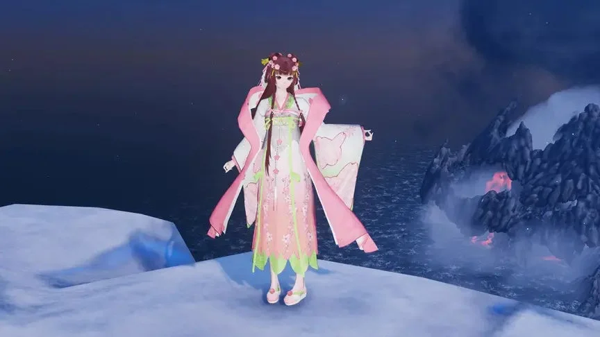 ピンクと緑の伝統衣装の女性キャラクター