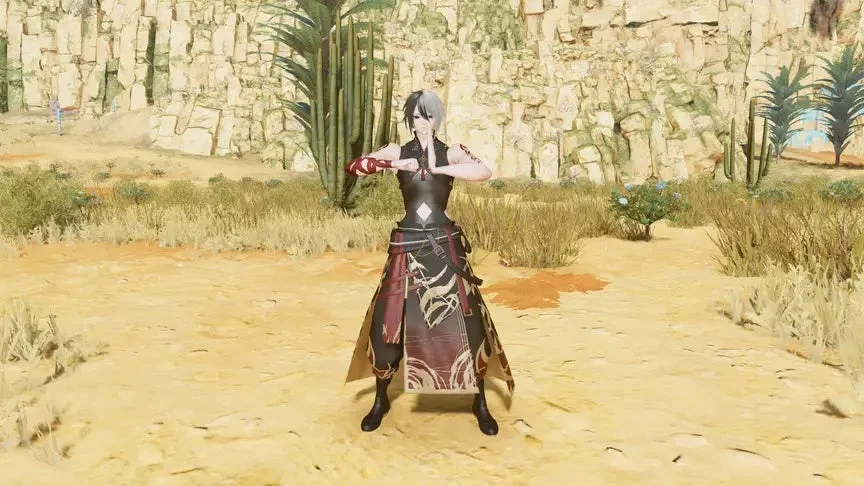 ツートンカラーの髪と特徴的な衣装のキャラクター