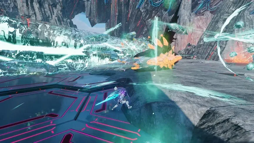 近未来的な荒廃した世界で、剣を構えたキャラクターが巨大なエネルギー攻撃を受けているか、もしくは発動している戦闘シーン