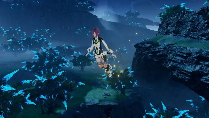 夜の森を浮遊する女性キャラクター