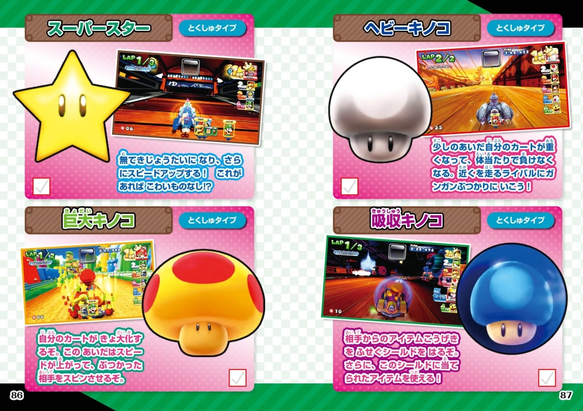 マリオカートのようなレースゲームに登場する4種類のアイテム「スーパースター」「ヘビーキノコ」「巨大キノコ」「吸収キノコ」のそれぞれの効果がスクリーンショットとともに解説されています