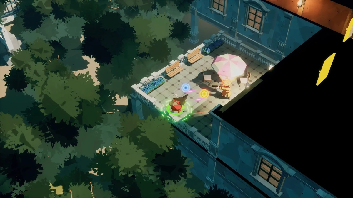 森に囲まれた建物のテラスで、二人のキャラクターが対峙しているアイソメトリック視点のゲーム画面