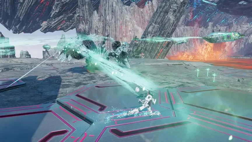 SFゲームの戦闘シーンで、プレイヤーキャラクターが巨大な敵からの強力なエネルギー攻撃を素早く回避している様子