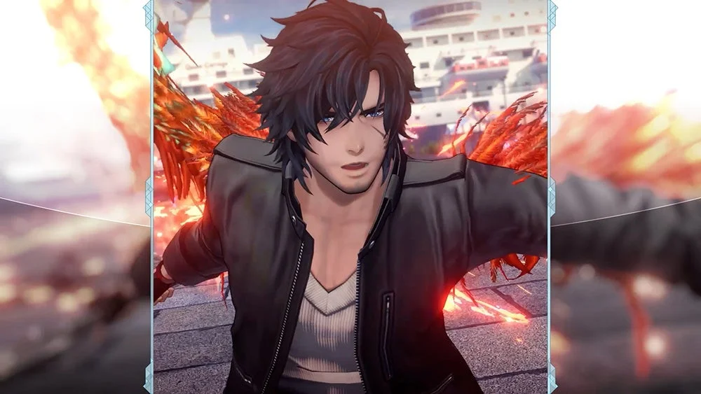 黒髪の男性キャラクターと炎のエフェクト