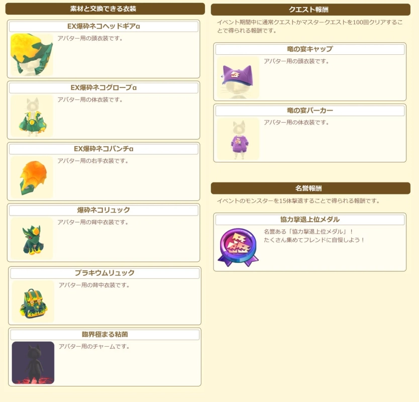 素材と交換できる衣装 EX爆砕ネコヘッドギアαなど