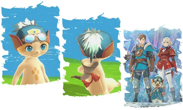 ファンタジーアドベンチャーゲームのキャラクターイラストです。ゴーグルと帽子をかぶった猫のようなキャラクターが複数のポーズで描かれ、さらに男性と女性の人間キャラクター、そしてもう一匹の猫の仲間が一緒に立っています。ゲームの世界観が伝わるデザインです。