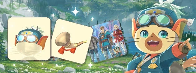 『モンスターハンター』シリーズのアイルーがパイロットのような服装で指差し、背景にはアイルーの装備や人間キャラクターが描かれたカードが配置された、冒険的な雰囲気のイラストです。