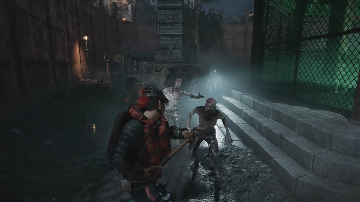 夜の廃墟でゾンビと対峙する主人公