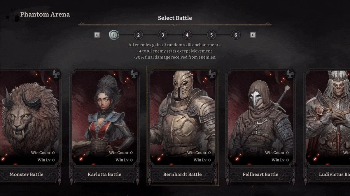 「Phantom Arena」のバトル選択画面で、様々なキャラクターやモンスターとの対戦オプションが表示されています。