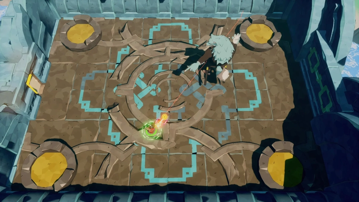 ゲームのような上空視点のアクションシーン。青い髪のキャラクターが、古代遺跡のような床で魔法のような攻撃を繰り出している。