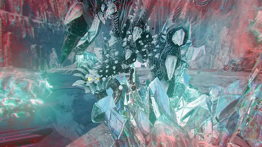 巨大なクリスタル状の生物とフードの人物が対峙する幻想的なシーン