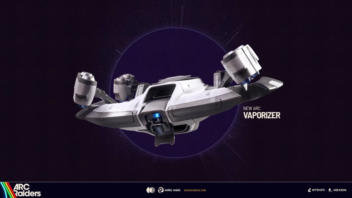 暗い宇宙空間に浮かぶ、白とグレーの未来的な宇宙船「VAPORIZER」