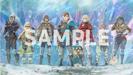 雪と氷に覆われた幻想的な背景に、様々な衣装を身につけた8人のキャラクターが並び立つ、ゲームまたはアニメのアートワークです。中央には「SAMPLE」の透かし文字があります。