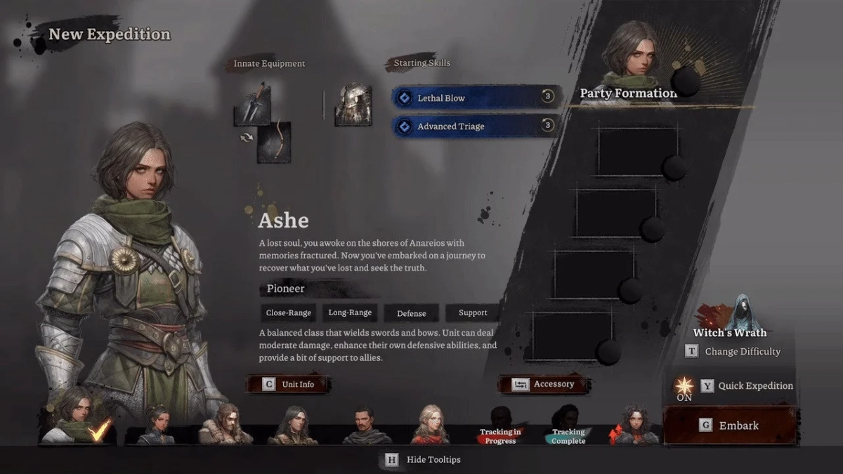 ゲームの遠征準備画面で、キャラクター「アッシュ」(パイオニアクラス)の選択と詳細が表示されています。