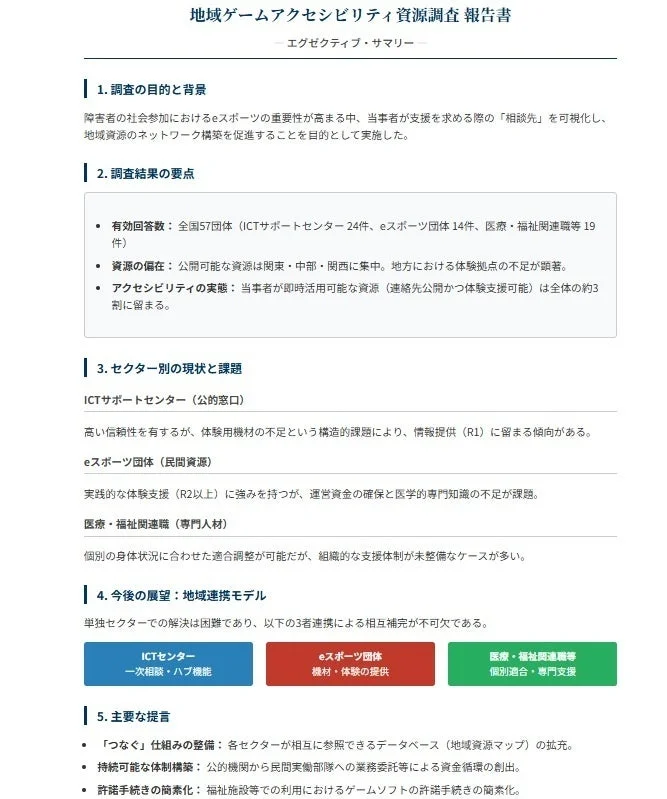 地域ゲームアクセシビリティ資源調査報告書のエグゼクティブサマリー