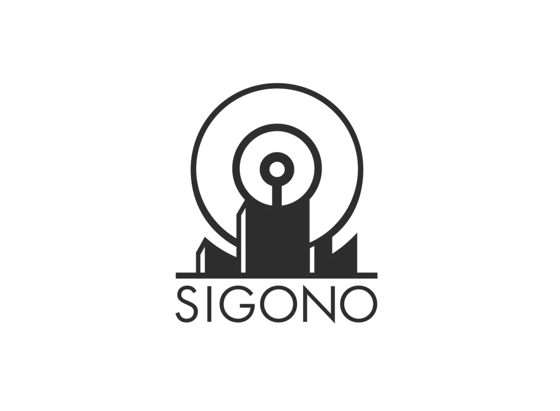 白い背景に「SIGONO」という文字と、都市の建物からアンテナが伸び、電波のような同心円が描かれたモノクロのロゴマークです。通信やテクノロジー、都市のイメージを表現しています。
