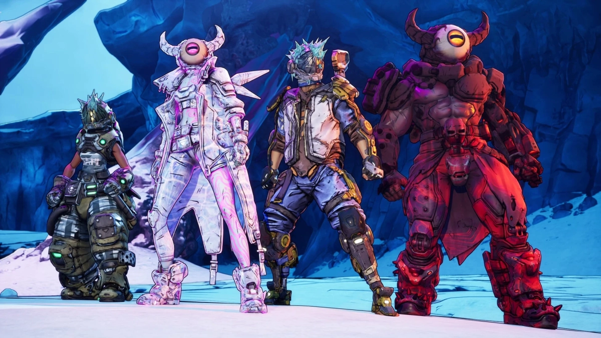 雪と氷の背景に4人のキャラクター