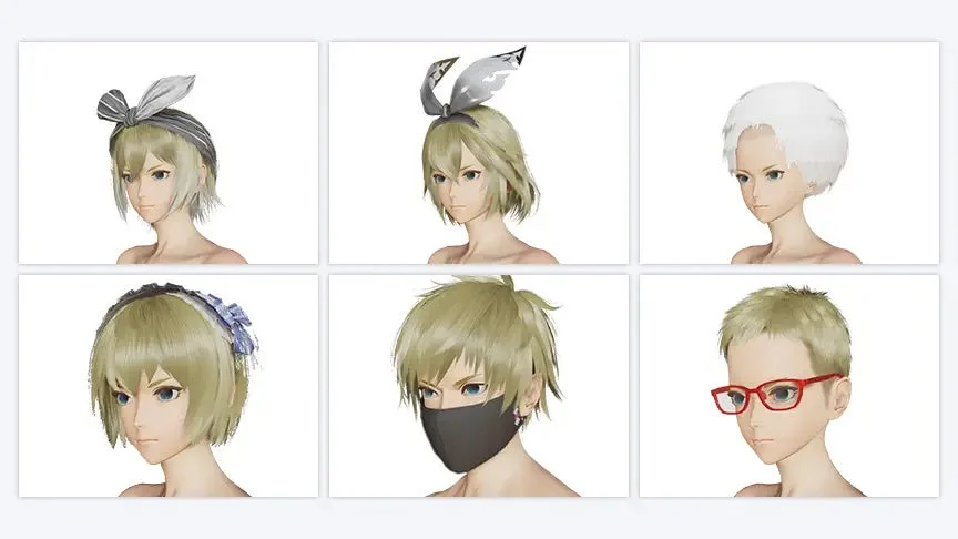 アニメ調のキャラクターの頭部が6種類並べられており、様々なヘアスタイルやアクセサリーのバリエーションが示されています。