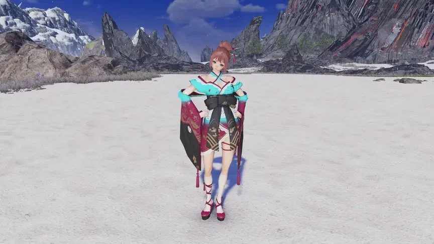 ピンク髪の女性キャラクター、和風衣装