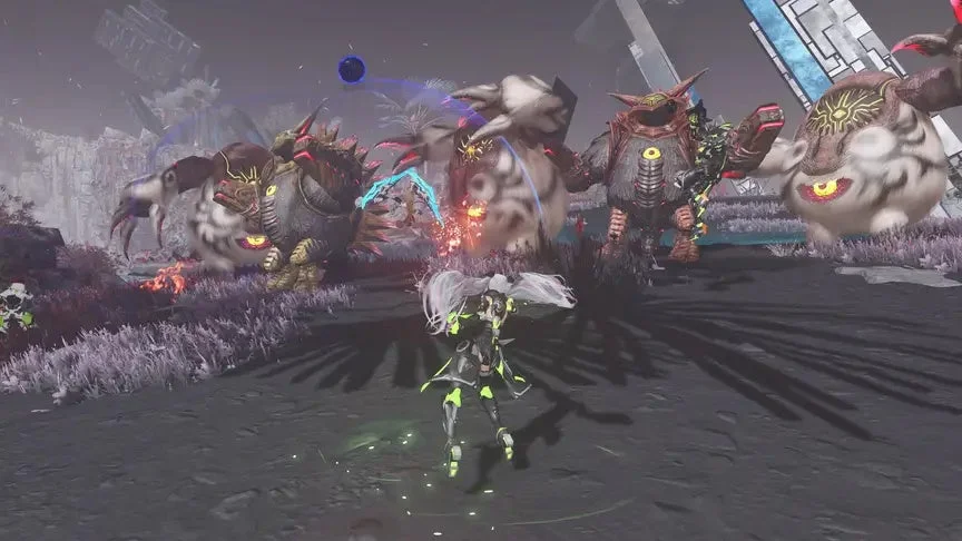 白い髪のキャラクターとモンスター