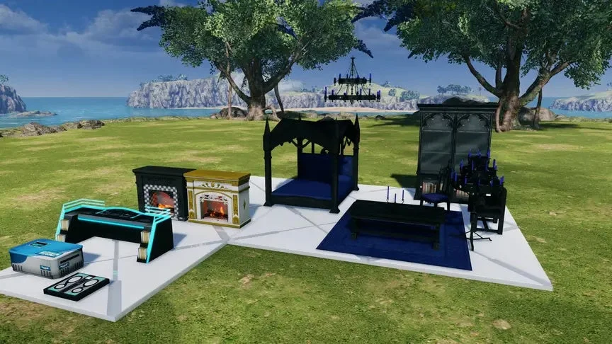 仮想空間の屋外に展示された家具アイテム