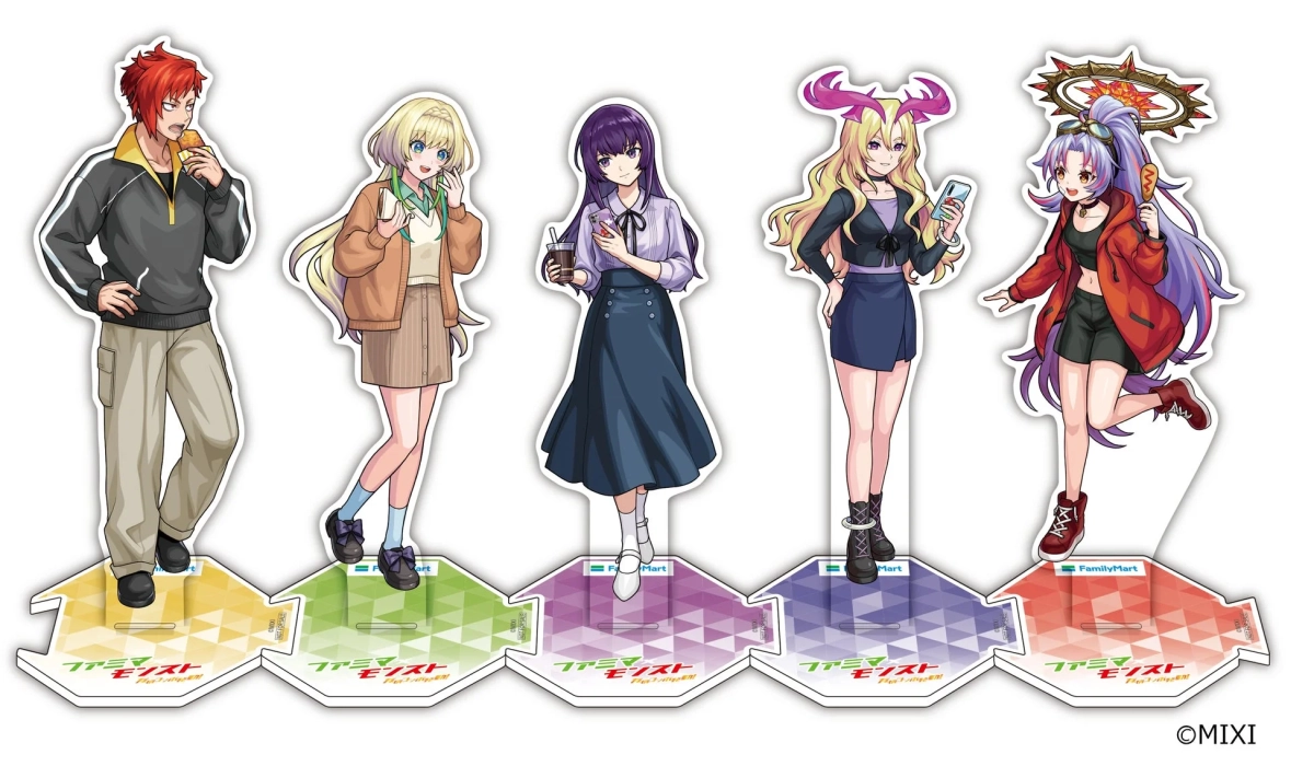 人気ゲーム「モンスターストライク」のキャラクターたちがファミリーマートとのコラボ衣装を身につけたアクリルスタンドのイラストです。