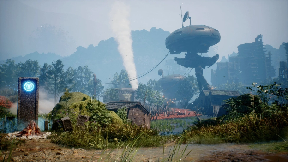 神秘的な自然風景の中に、発光する石碑と焚き火、そして荒廃した未来的な巨大構造物が混在する異世界