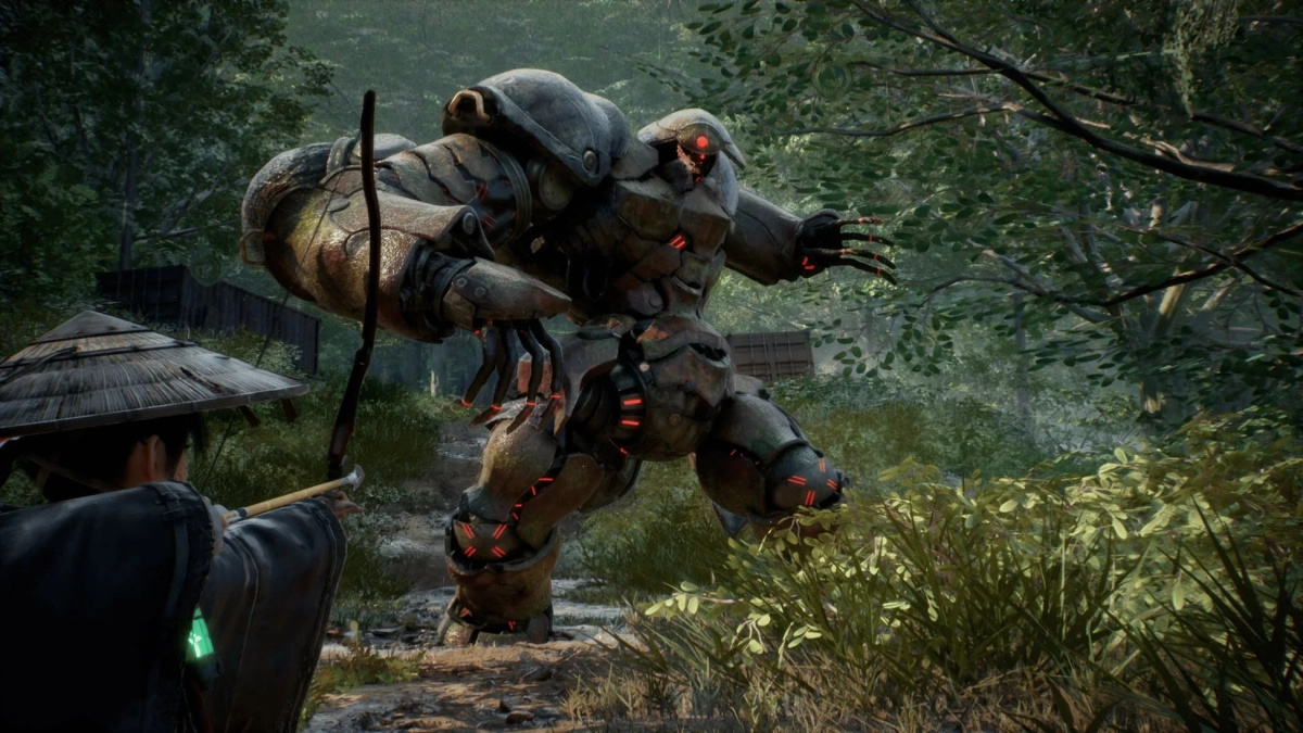 森の中で、笠をかぶった弓使いが巨大な機械仕掛けのゴーレムと対峙している