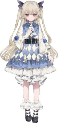金髪で赤い目のアニメ調の少女が描かれています。青と白のハーレクイン柄のロリータ風ドレスを着用し、フリルや蝶のような髪飾りが特徴的です。全身像が白い背景に浮かび上がっています。