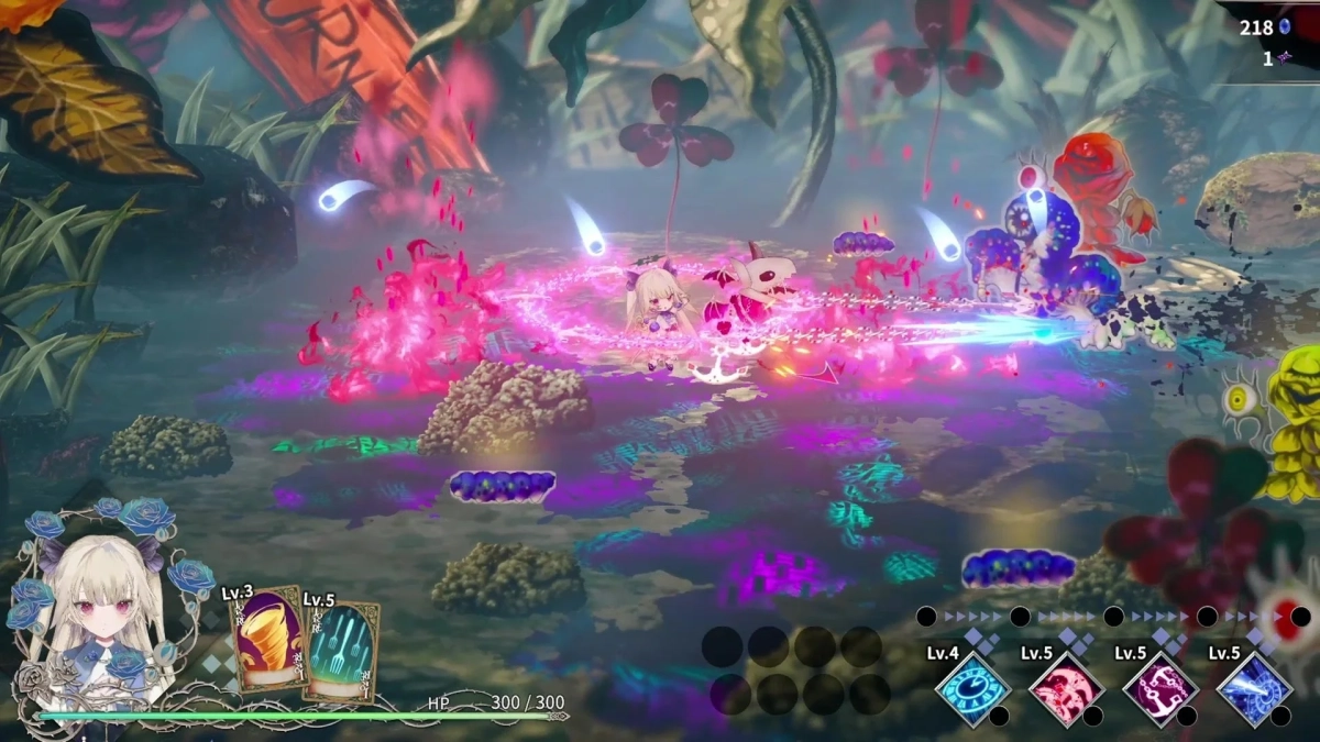 ファンタジー世界でのアクションRPGの戦闘シーンです。可愛らしい女の子のキャラクターが中央で魔法のエフェクトを放ち、奇妙な敵と戦っています。画面にはHPゲージやスキルアイコンなどのゲームUIが表示されており、激しい戦闘の様子がうかがえます。