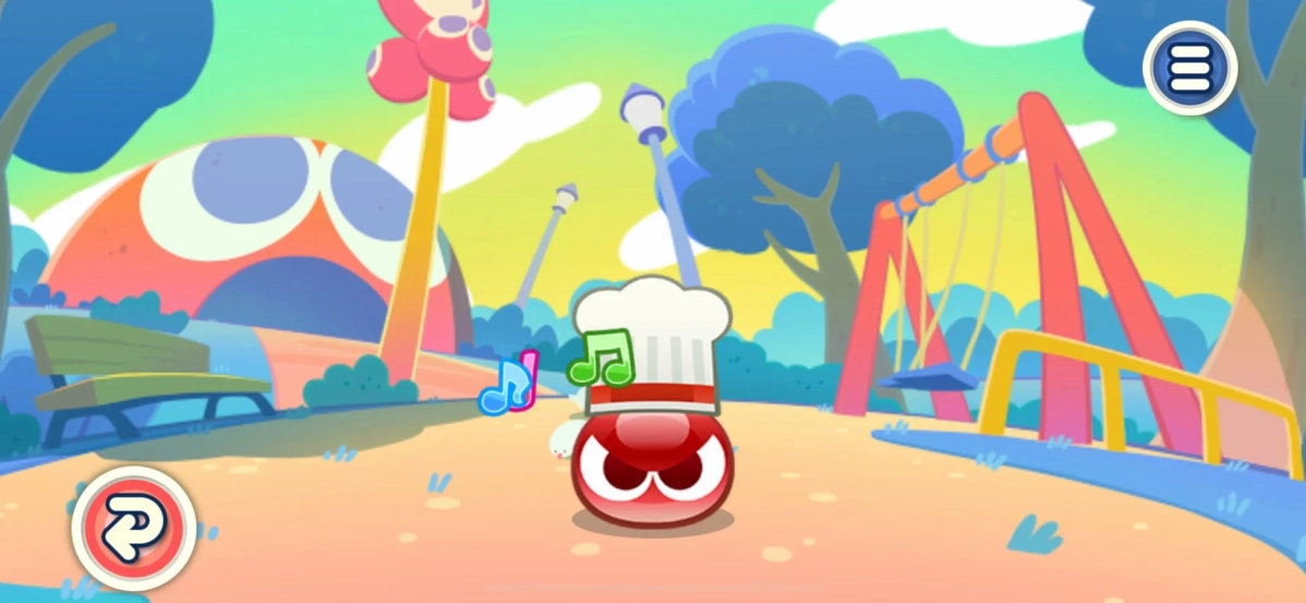 シェフ帽をかぶった赤いぷよが公園にいる様子