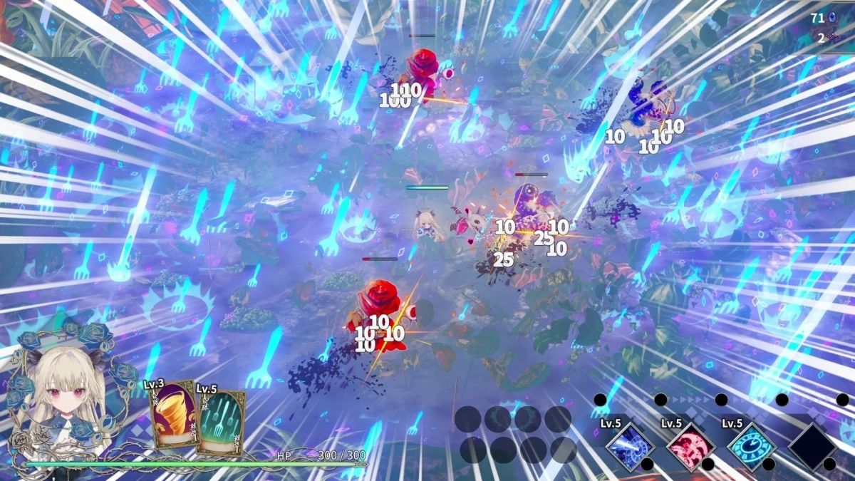 アクションRPGの戦闘画面で、プレイヤーキャラクターが複数の敵と交戦している様子です。青い魔法のエフェクトが画面全体に広がり、ダメージ数値やUI要素が確認できます。