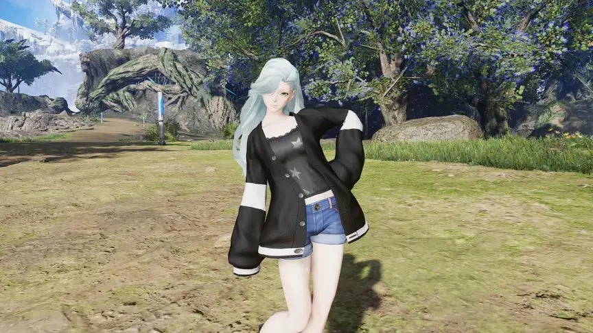 女性キャラクター、水色髪、カーディガン