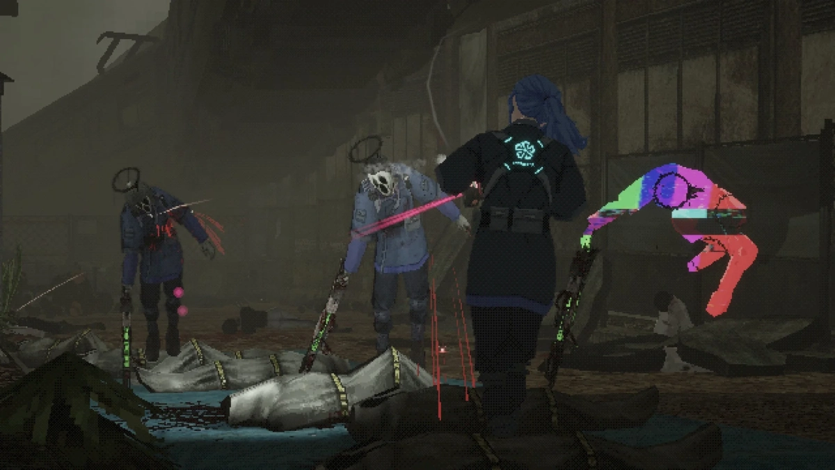 廃墟でゾンビのような敵と戦う青髪のキャラクター