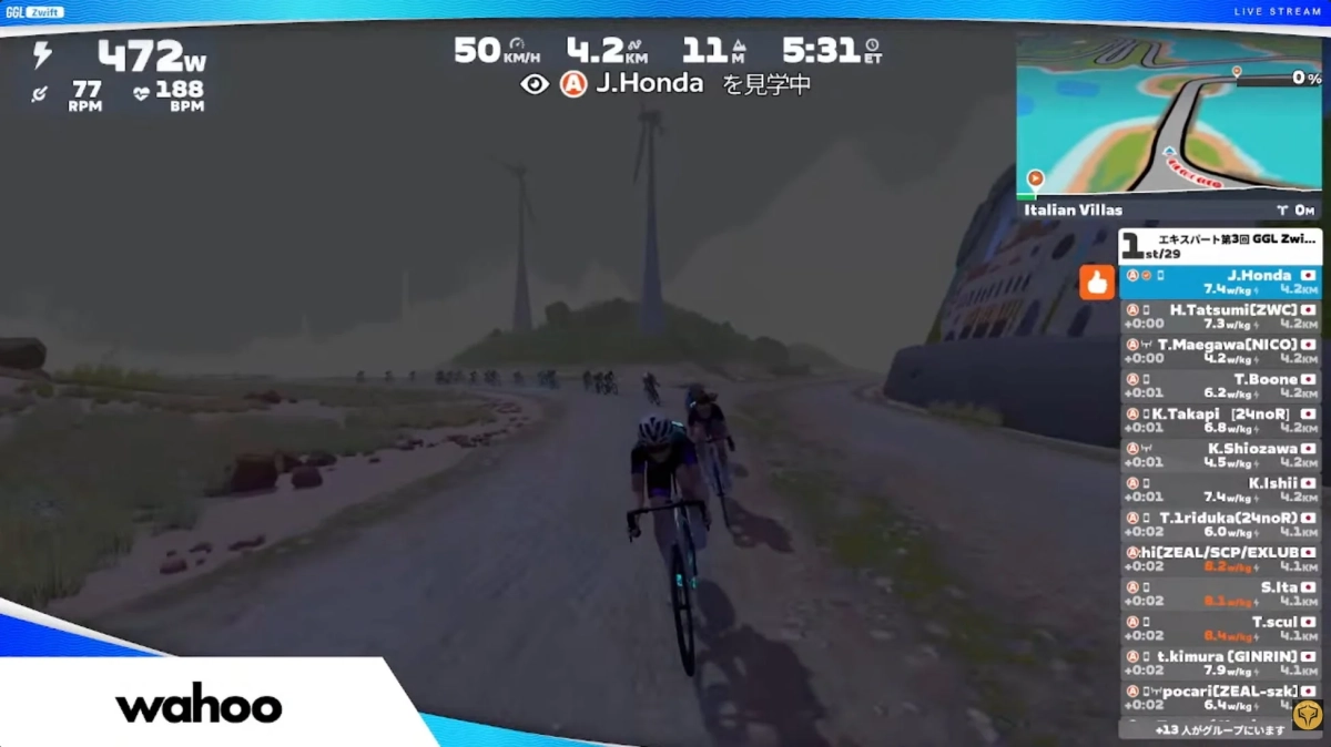 Zwiftのバーチャルサイクリングレースの様子