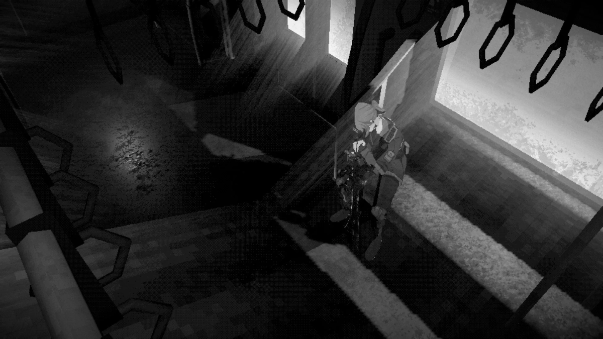 薄暗い室内で光の筋に照らされたキャラクター