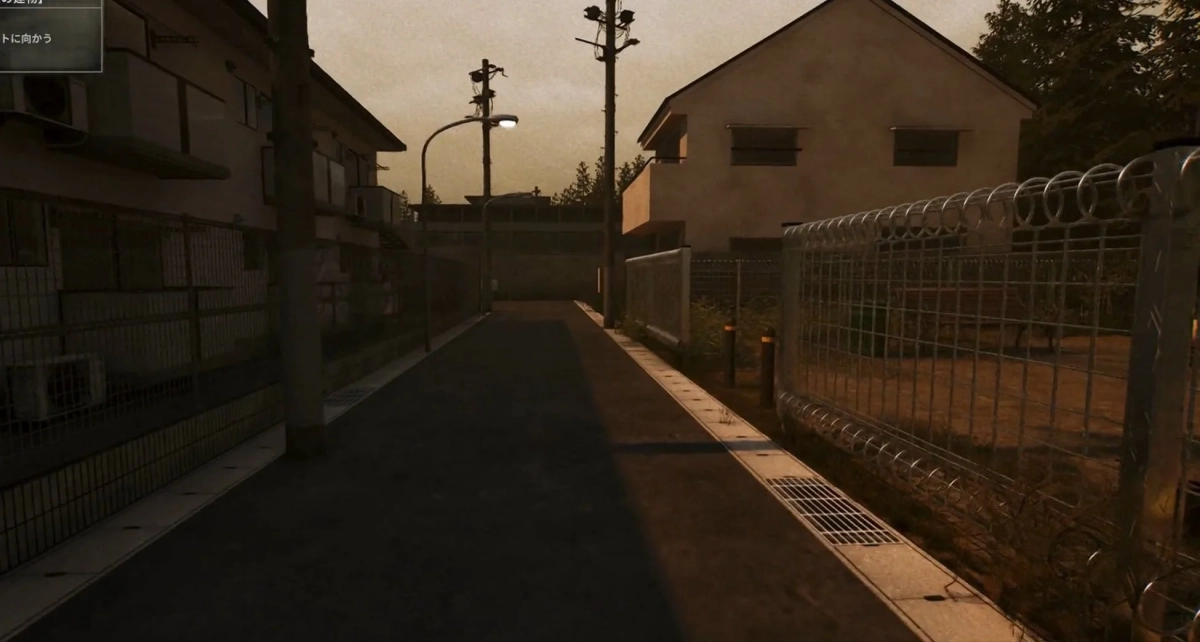 夕暮れの日本の住宅街の路地を描いたゲーム画面