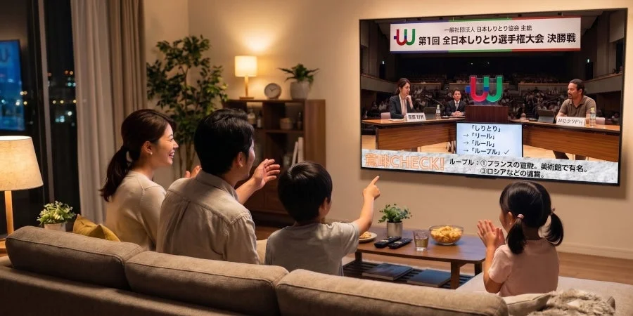 家族がテレビでしりとり選手権大会を観戦する様子